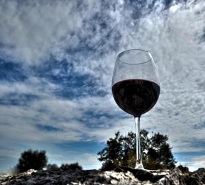 una copa de vino tinto delante del cielo en Masseria Rosa Trulli Relais, en Alberobello