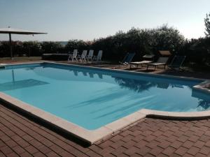 a large swimming pool with blue water and chairs at Casa De Campo in Montegranaro