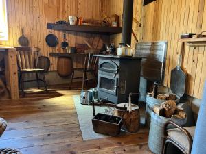 a kitchen with an old stove in a room at Ryuo Field in Kikuchi