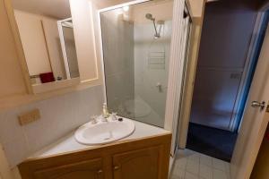 a bathroom with a sink and a shower at Alpzview Guesthouse in Tawonga +16 photos