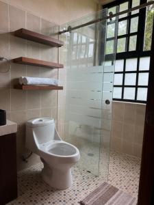 une salle de bain avec toilettes et douche en verre dans l'établissement Casa Jardin del Amor, à Tulum 9 autres photos