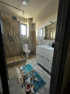 a bathroom with a shower and a toilet and a sink at Apartament in Craiova