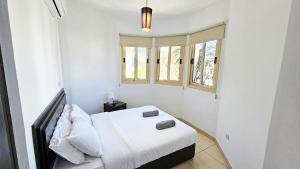 a white room with a bed and two windows at Palmvibes Villa in Paralimni