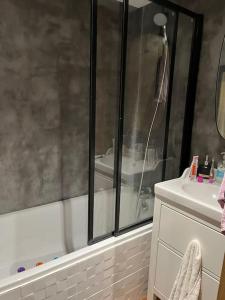 un bagno con doccia e lavandino bianco di Grand duplex centre historique a La Rochelle Altre 11 foto