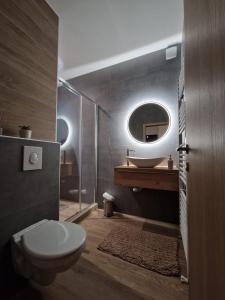 a bathroom with a toilet and a sink and a mirror at Apartment Luxury B in Slavonski Brod