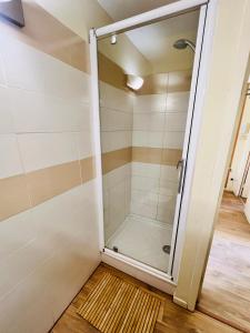 a shower in a bathroom with a glass door at T3 au cœur du centre historique de Briançon #6 in Briançon +6 photos