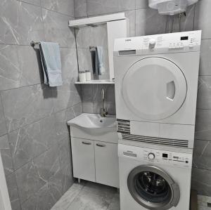 a bathroom with a washing machine and a sink at Stan na dan Djogić in Nevesinje