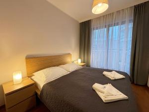 een slaapkamer met een bed en een groot raam bij Osiedle Platan - Apartamenty Bryza - Centrum in Świnoujście