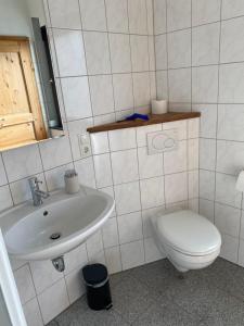 a white bathroom with a toilet and a sink at Ferienwohnung Eschbach Hof am Nürburgring in Herresbach +9 photos