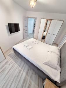 a bedroom with a large bed and a mirror at Ultracentral 4Bedroom with 2 Bathrooms Cozy Apartment in Suceava in Suceava