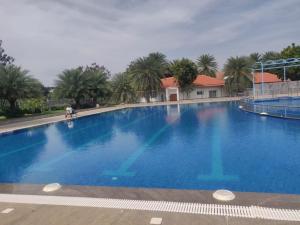 a large blue swimming pool with palm trees in the background at Olivia Resort and Spa a unit of Falgu Resorts Pvt Ltd in Kolār