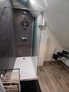 a bathroom with a shower with a glass wall at Vakantiehuis 2 Wheels 2 Relax in Wellen +33 photos