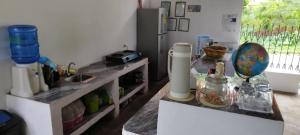 a kitchen with a counter with a sink and a refrigerator at Dumaguete divers rooms in Dauin