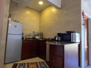 a kitchen with a refrigerator and a counter with a microwave at Luna House Asala Beach - Chalet in Dahab