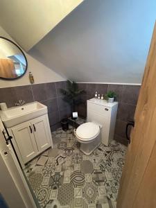 a bathroom with a white toilet and a sink at Beautiful Bell Cottage Heart of Bridgnorth Walk Everywhere in Bridgnorth