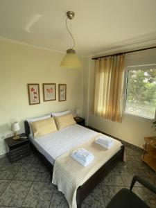 a bedroom with two beds and a window at Palio Luxury Apartment in Paleo Tsifliki