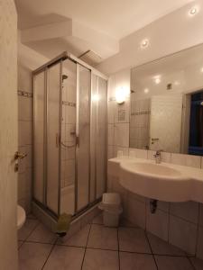 a bathroom with a sink and a shower and a toilet at Hotel Bördehof, direkt an der A2 & A14, Restaurant, Tagung, individuell in Barleben