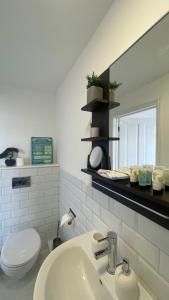 a bathroom with a sink and a toilet and a mirror at Papa guest in Poole