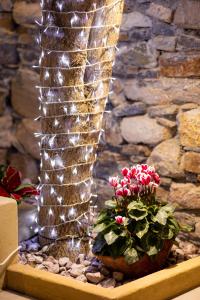 Eine Vase mit Blumen steht neben einer Steinsäule. in der Unterkunft Industrial - Le Petit Bati in Volos