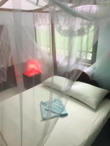 ヒッカドゥワにあるVilla Elena Innの天蓋付きベッドと枕のある寝室 +5枚の写真