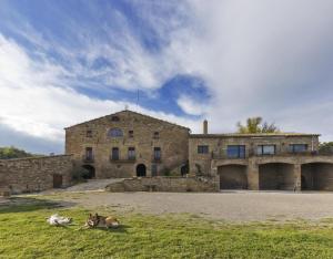 two dogs laying in the grass in front of a building at Les Corts De Biosca in Castelltallat