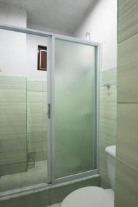 バギオにあるLE-ONIES's Blue Ginger Room at City Centerのシャワーとトイレ付きのバスルーム