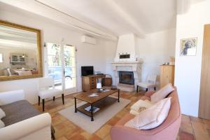 ルシヨンにあるAir-conditioned villa with private pool overlooking Roussillon - Luberon - 8 people.のソファと暖炉のあるリビングルーム