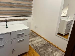a bathroom with white cabinets and a mirror at Ruža vetrova A1- duplex in Nova Varoš +29 photos