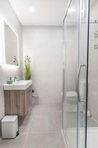 a bathroom with a shower and a toilet and a sink at The Corner Loft in Ballycastle