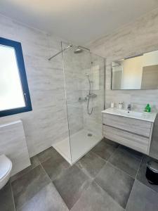 a bathroom with a shower and a sink and a toilet at Magnifique appart T3 vue mer in Propriano