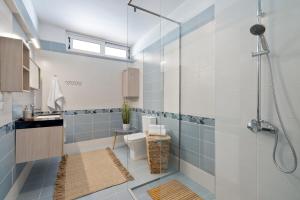 a bathroom with a shower and a toilet and a sink at Villa Marathi with stunning ocean view in Chania Town