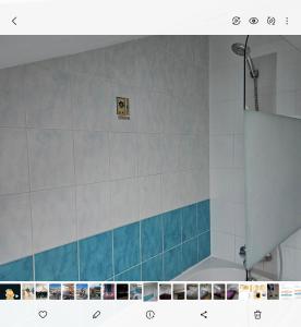 a bathroom with blue and white tiles on the wall at Les 6 chemins in Saint-Nazaire +26 photos
