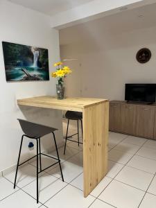 萨莱比梅Chez Marc的一张木桌，两把椅子，还有一瓶鲜花。