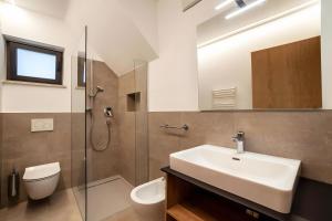 a bathroom with a sink and a toilet and a mirror at Apartment Pauli in Lagundo +55 photos