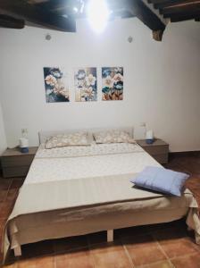 a bed in a room with paintings on the wall at Appartamento La Vela in Portoferraio