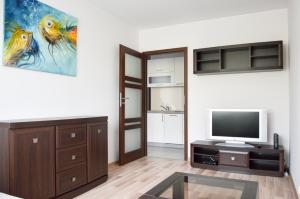 a living room with a flat screen tv and a entertainment center at Apartament Szczecin Pomorzany in Szczecin
