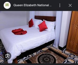 a bed with red pillows on it in a room at QUEEN ELIZABETH CULTURE CENTRE kasese in Kasese
