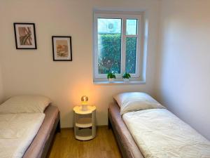 two twin beds in a room with a window at Wunderbare Ferienwohnung EG mit Nähe zum Badesee 2 in Goldenstedt