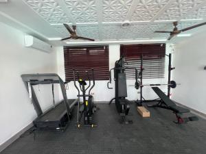 Un gimnasio con dos máquinas de correr y un ventilador de techo. en Brielle Apartment, en Accra