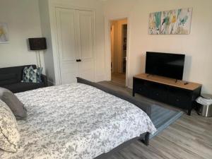 ein Schlafzimmer mit Bett und Flachbildfernseher in der Unterkunft County Cove - Picton Suite - downtown Wellington in Wellington