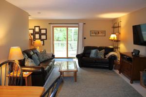 a living room with two couches and a tv at The White Mountain Escape in Woodstock