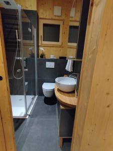 a bathroom with a toilet and a sink and a shower at ChaleMani in Pill +28 photos