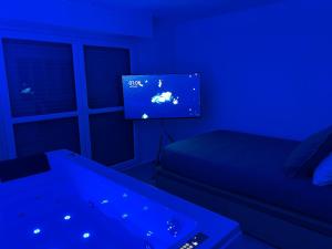 a blue room with a couch and a tv at Appartement avec jacuzzi proche du centre in Strasbourg
