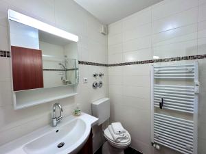 a bathroom with a sink and a toilet and a mirror at Ferienwohnung Kleine Seeperle - Ihr Rückzugsort in Nonnenhorn in Nonnenhorn +14 photos