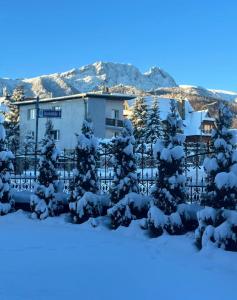płot pokryty śniegiem przed budynkiem w obiekcie Wynajem Pokoi Kasia i Józef Gałysa w Zakopanem