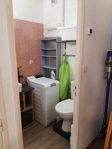 une petite salle de bain avec toilettes et lavabo dans l'établissement Duplex14h 1er étage jardinet 1 parking ou studio14B rdc terrasse sans parking, à La Rochelle 50 autres photos