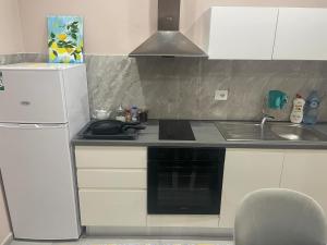 a kitchen with a white refrigerator and a sink at Meri Hause in Vlorë +7 photos