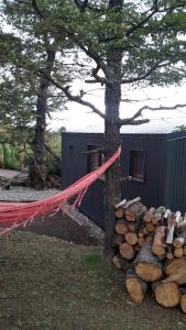 un albero e una pila di tronchi accanto a un edificio di dormis bar a San Martín de los Andes