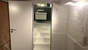 a shower with a glass door in a bathroom at Ferienwohnung im Alexanderstraße in Hamburg +41 photos
