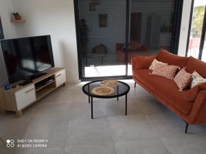 ein Wohnzimmer mit Sofa und Fernseher in der Unterkunft Villa neuve à 900 m de la plage in Santa-Lucia-di-Moriani
